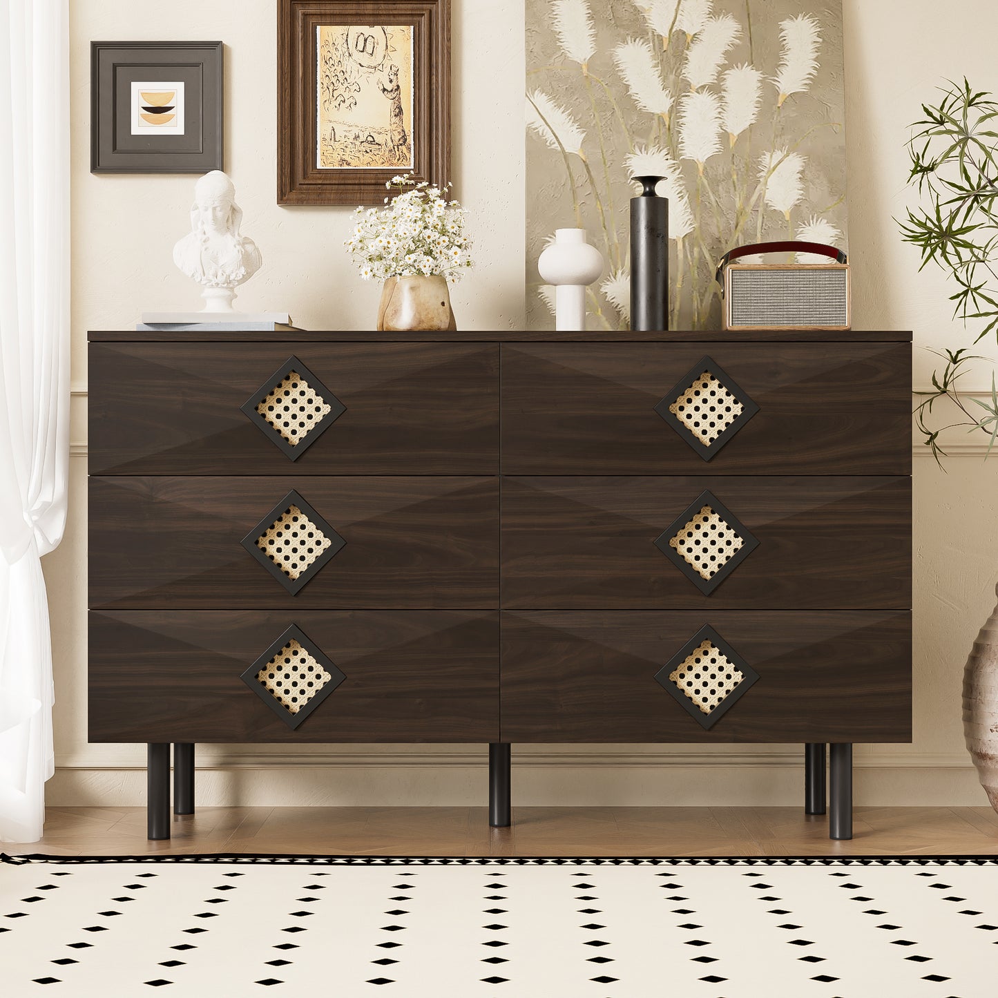 Elegant 6-Drawer Dressing Table With Rattan Handle, For Bedroom & Living Room  Practical Storage & Stability, Perfect For Your Home