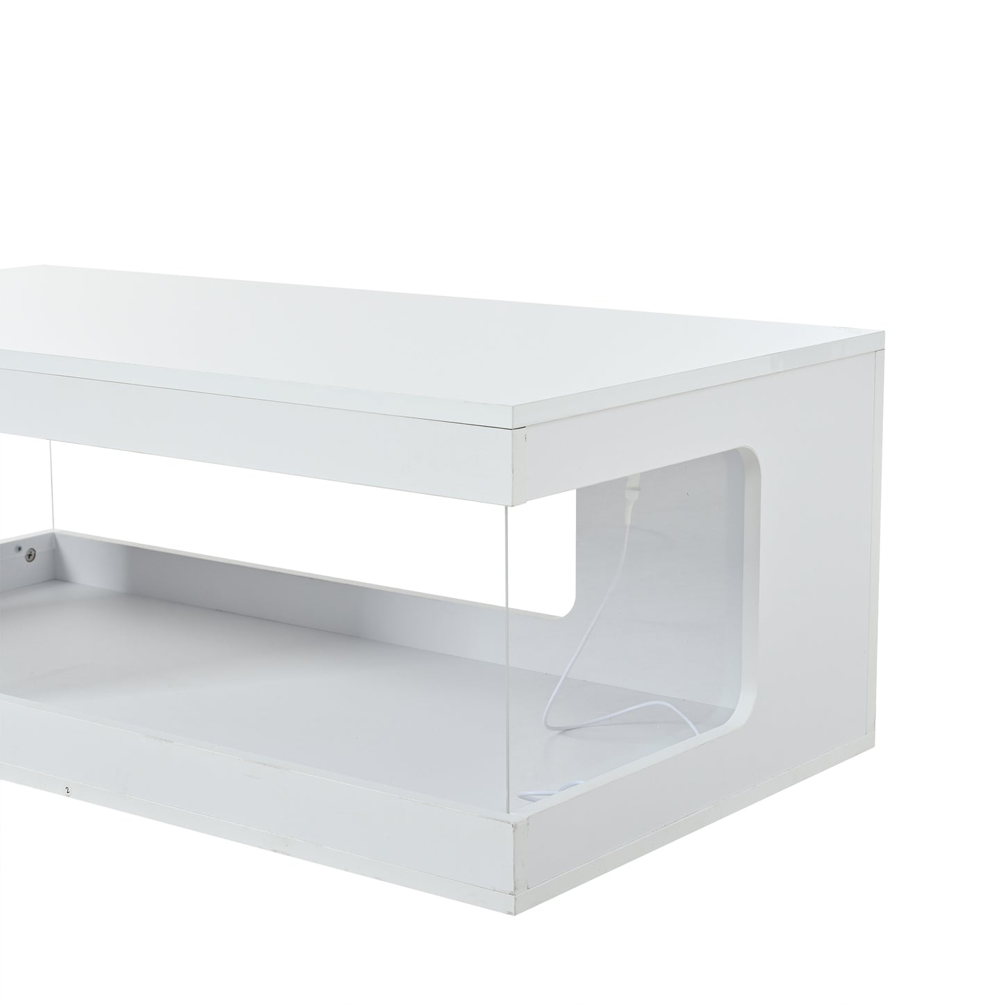 Living Room Coffee Table 50X100X35cm, Openwork Tea Table, Large High-gloss Coffee Table With Tempered Glass Shelves On Both Sides, Side Table With LED Light Strip, White, Chipboard.