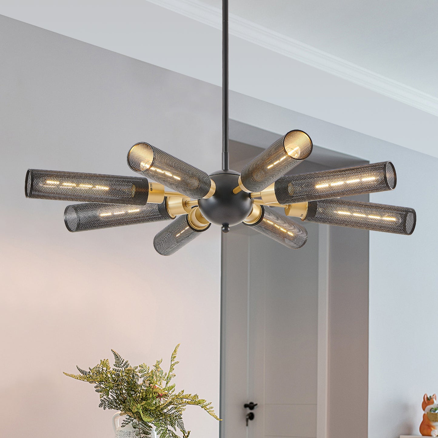 34  Modern Industrial Sputnik Chandelier, 8-Light Black And Gold Metal Pendant Light With Mesh Shades, E26 Base, Adjustable Height For Dining Room, Living Room, Or Kitchen Island Bulb Not Included