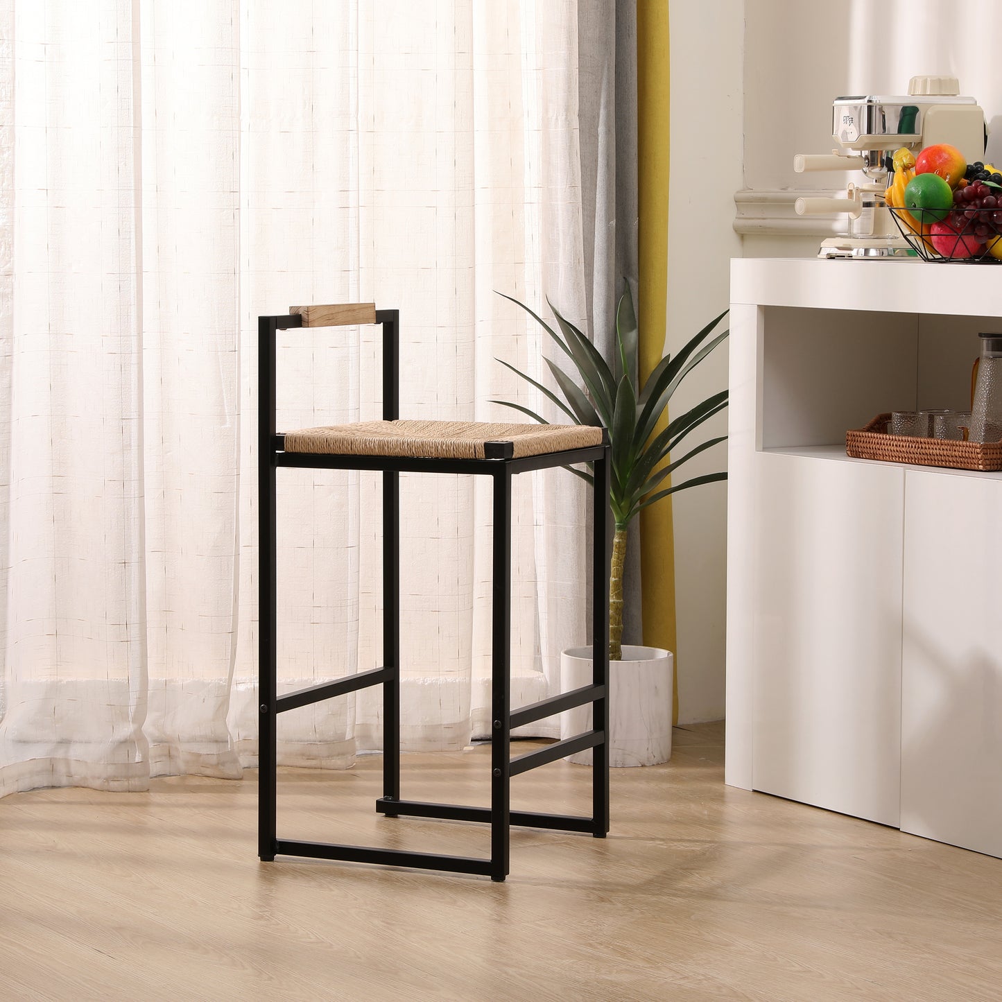 Set Of 2 Bar Stools With Back  Paper Rope Woven Counter Height Dining Chairs For Kitchen, Home  Paper Rope With Back