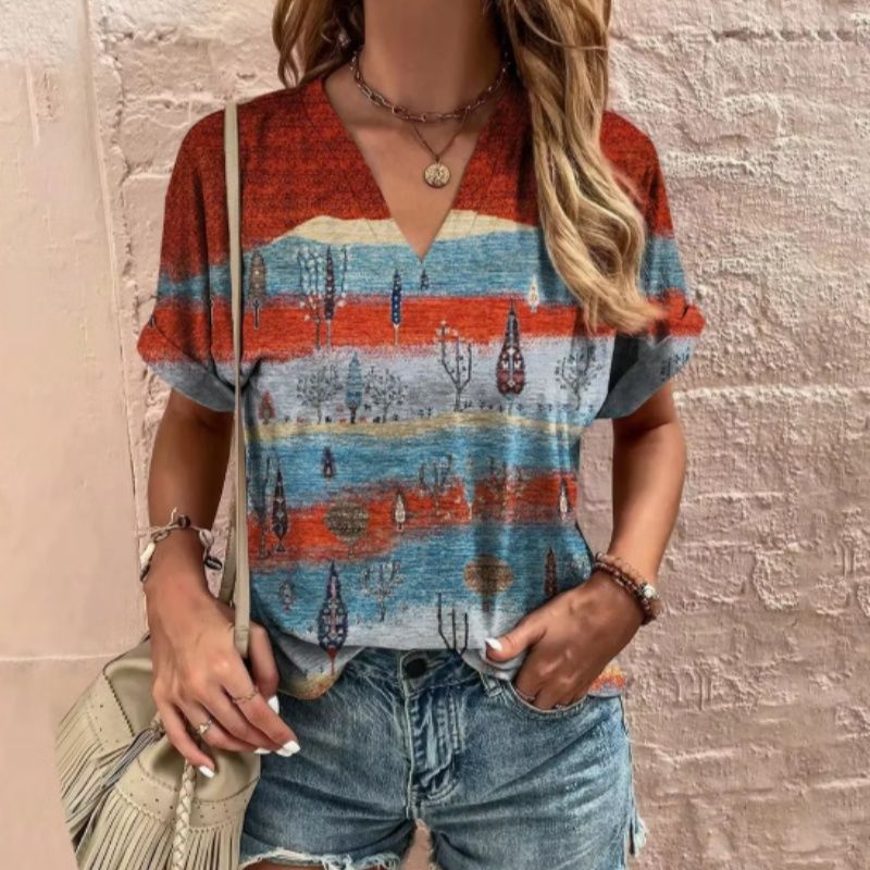 Red Blue Striped Tree Landscape Print V-Neck T-Shirt
