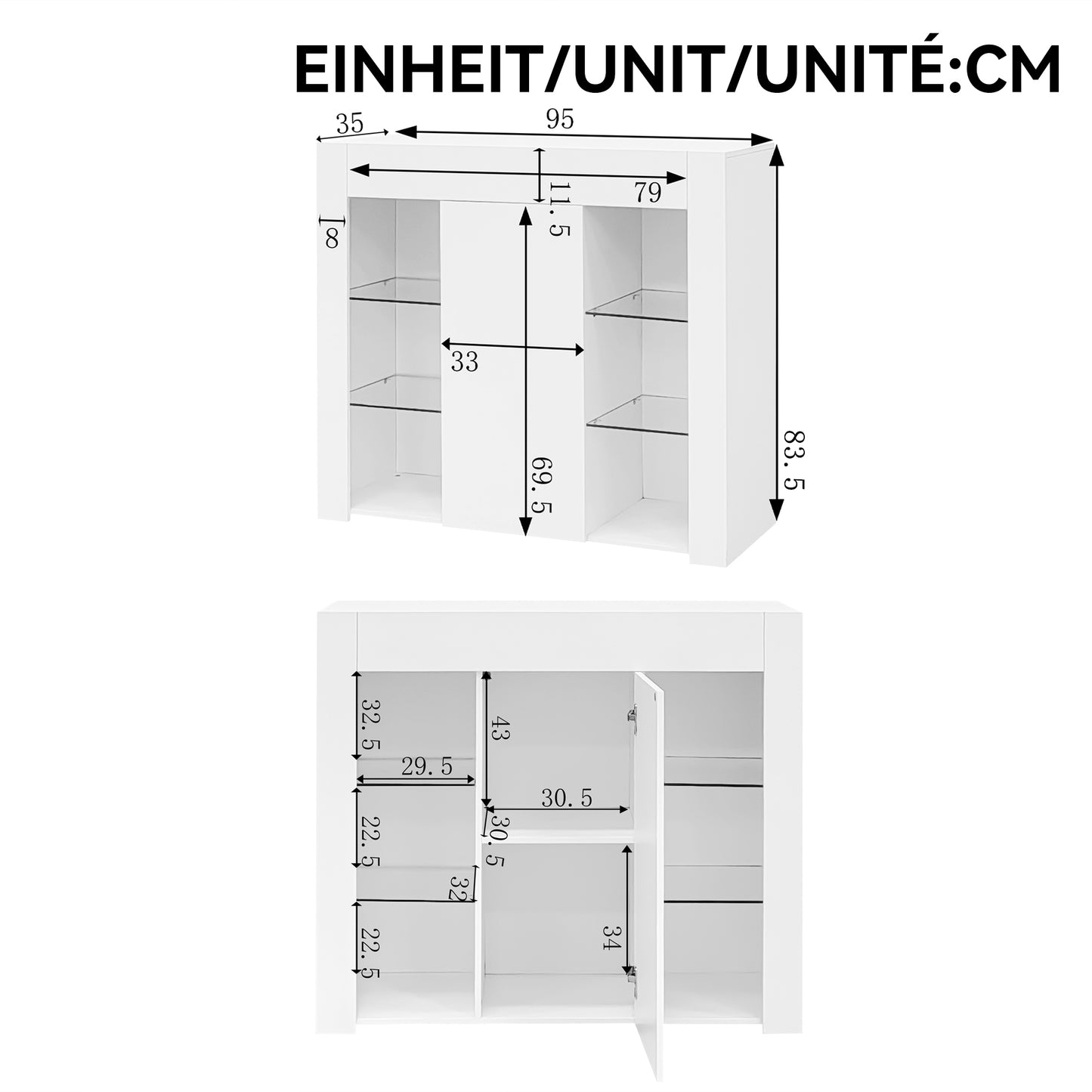 Modern White Buffet With High Gloss Front  Compact, Stylish Storage Solution With Glass Shelves And Cabinet Door For Living Room, Dining Room Or Kitchen  95x35x83 Cm
