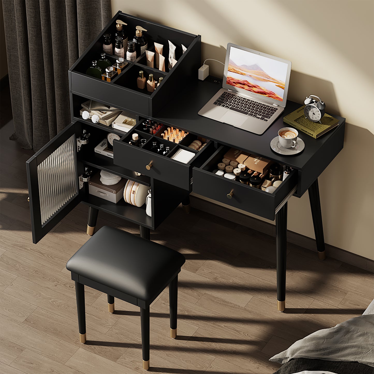 Modern Makeup Vanity Desk With Drawers, Cabinet & Charging Port, Space-saving Dressing Table Set With Stool For Small Places, Black