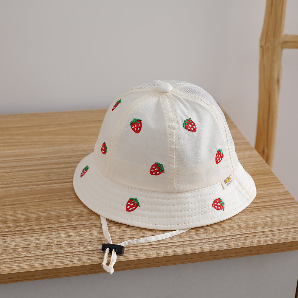 Single-color Strawberry Embroidery Adjustable Patchwork Netting Breathable And Cool Fashion Children's Fisherman Hat For Outdoor Travel And Play