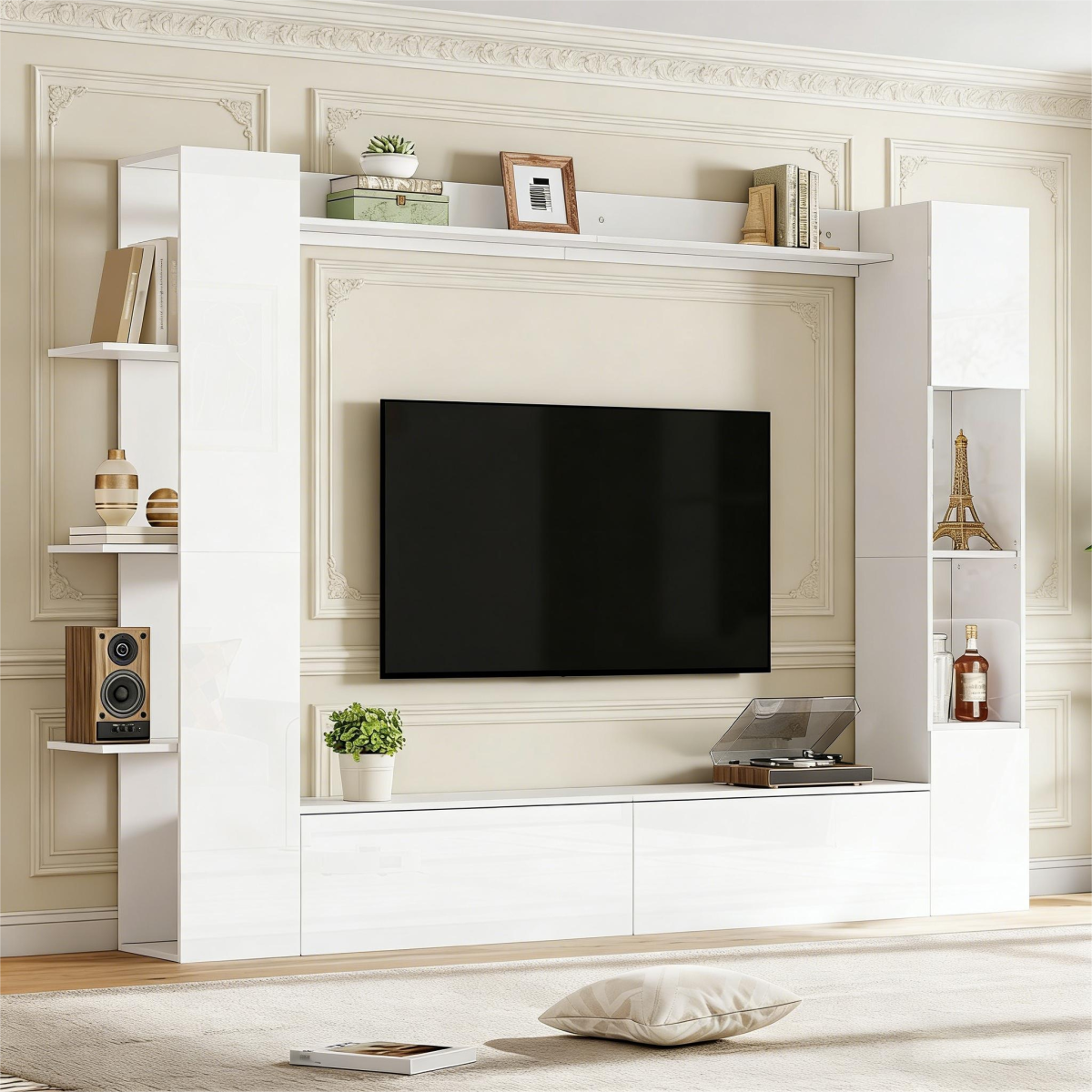 Wall Unit, Display Cabinet Door Hinge Replaceable, Set, 4 Pcs, Compact Wall Unit With Plenty Of Storage Space, TV Cabinet, Display Cabinet, Storage Cabinet, Especially For The Living Room, White