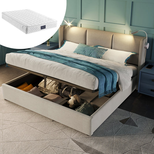 Upholstered Bed Double Bed Storage Bed Box Reading Light With USB Charging Head Part,Storage Beds Bed Frame Made Of Linen Material Youth Bed 160x200 With Lattice Grid With Mattress