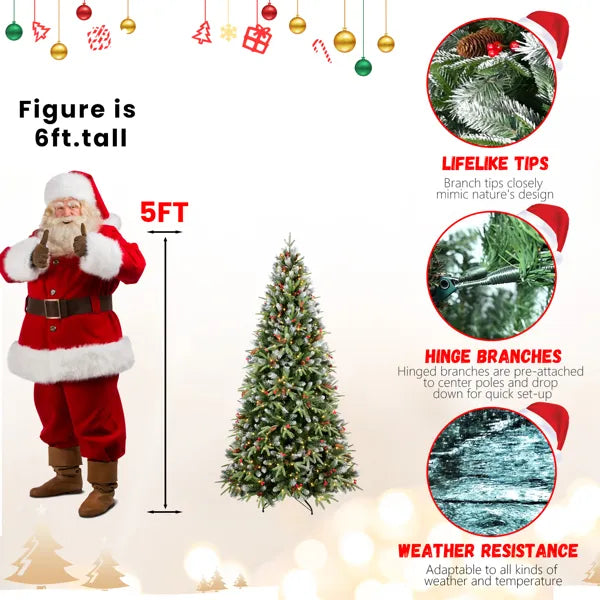 Artificial 5ft Green LED-lit Christmas Tree With 1113PE/PVC Mixed Branch Tips,Red Fruit And Pine Cone,Hinged Premium & Foldable Base For Indoor Holiday Decorating