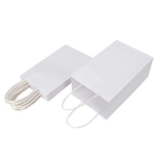 Oikss 100 Pack 5.25x3.25x8.25 Inch Small White Kraft Paper Bags with Handles Bulk for Birthday Wedding Party Favors Grocer...