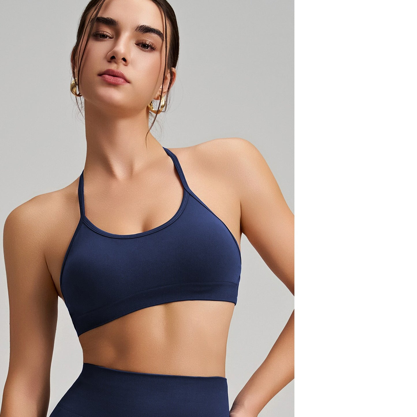 Women's Seamless Thin Strap Cross Back Yoga Outfit Set, Quick-Dry Tight Sports Fitness Bra For Running