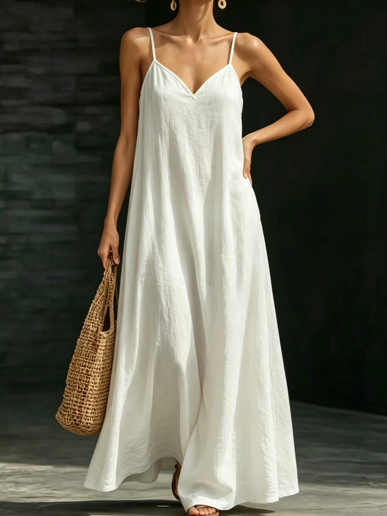 Summer V-Neck Spaghetti Strap Flowy Maxi Dress - Casual Fashion Solid Color Long Dress For Women Vaction Dress