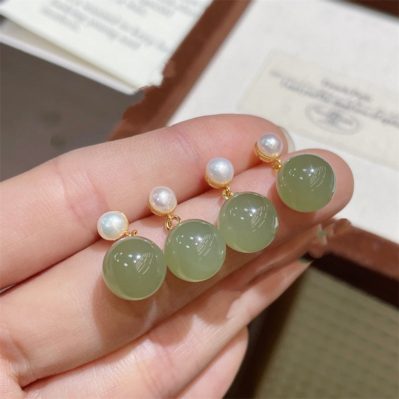 Best-selling All-silver S925 Stud Earrings Inlaid With Clear Jade-like Hetian Jade