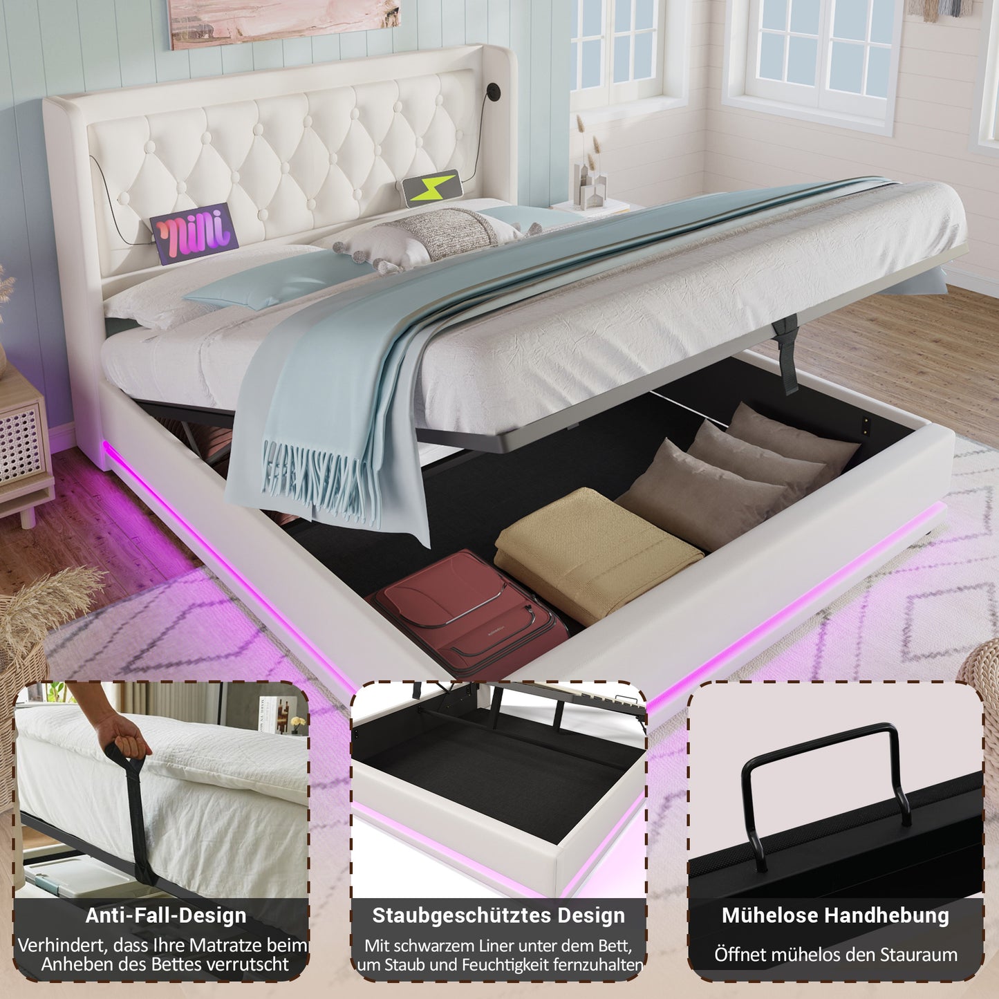 Upholstered Bed Double Bed 140x200 Cm,White PU Material Hydraulic Storage Bed, Upholstered Headboard With USB Type-C Charging Function, 3-Sided LED Function Without Mattress