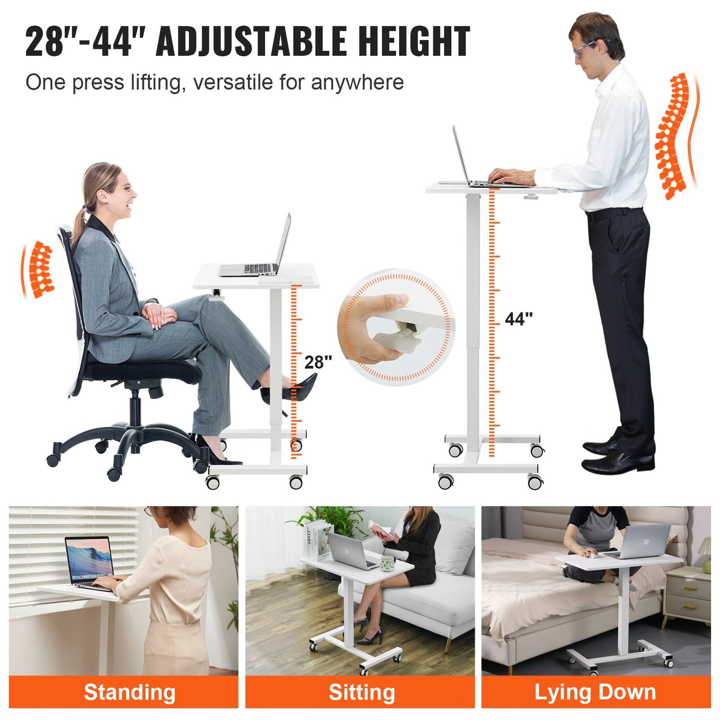 Mobile Standing Desk, 28"-44" Gas-Spring Height Adjustable Sit-Stand Desk, 4 360° Swivel Wheels (2 Lockable) Portable Rolling Laptop Table Computer Cart For Home Office School, 40LBS Loading
