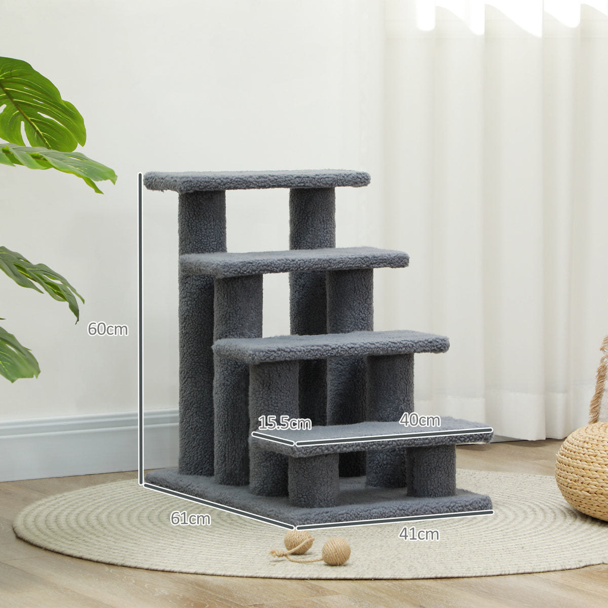 PawHut Dog Steps For Bed 4 Step Pet Stairs For Sofa Dog Cat Climb Ladder 63x43x60 Cm Grey