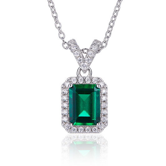 S925 Sterling Silver Emerald Cut Lab-Grown Emerald Pendant Necklace, Halo Setting, Platinum Plated 1.2g, Women's Jewelry Gift Box