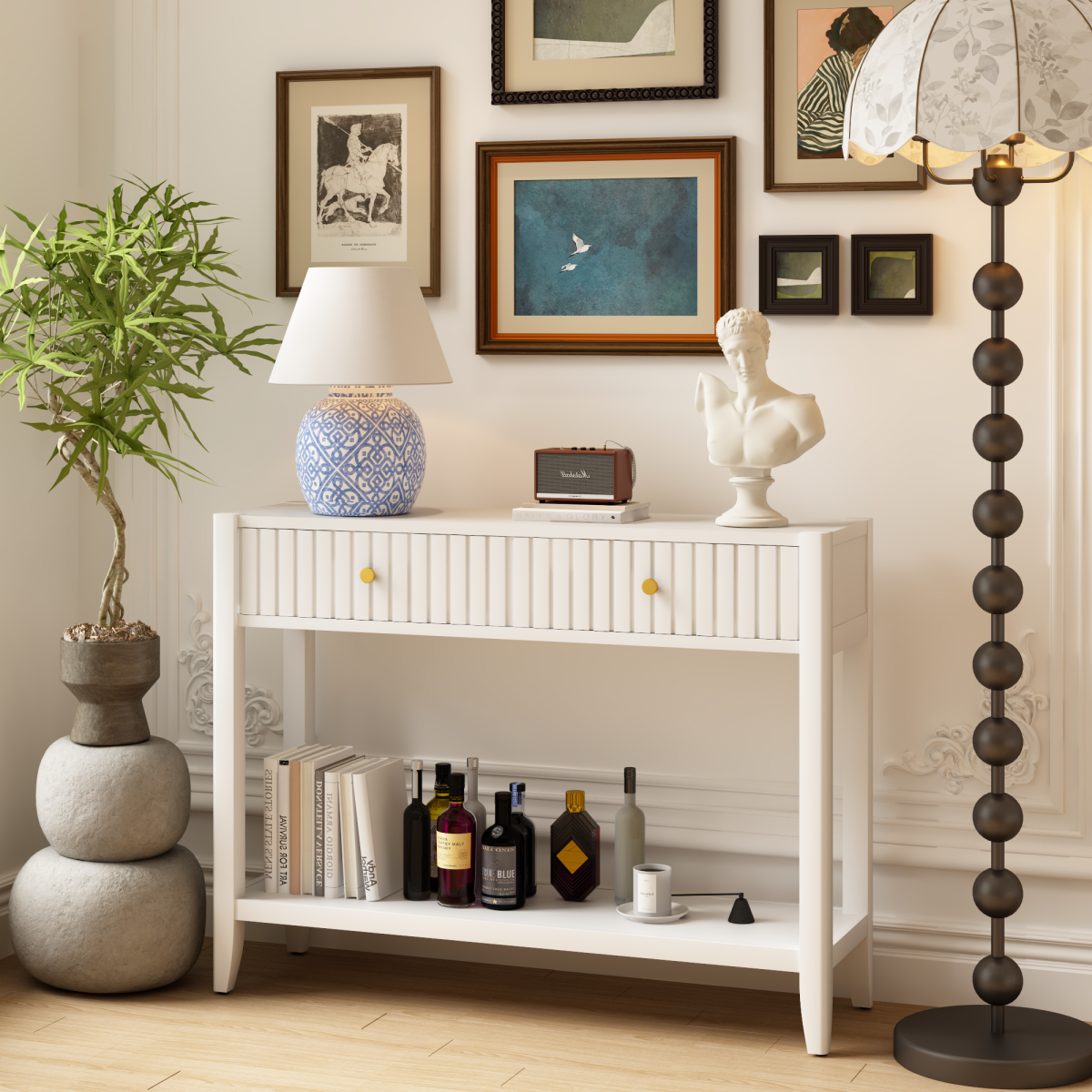 29.53" Tall Console Table with Drawers, Narrow Wood Accent Sofa Table Entryway Table with Storage Shelf for Entryway, Front Hall, Hallway, Living Room, White
