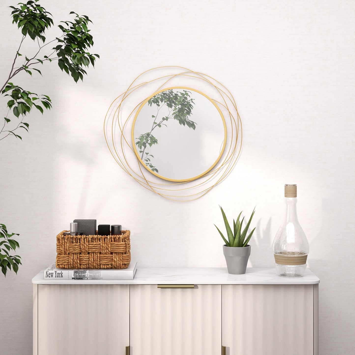 Abstract Metal Wire Wall Mirror, With Accessories - Gold Tone