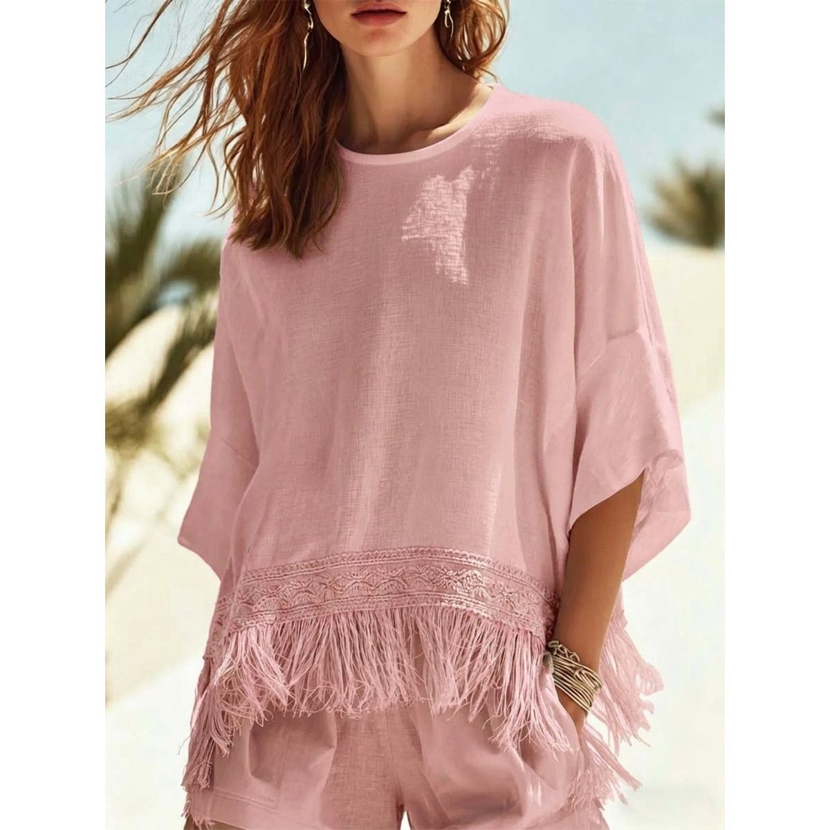 New Autumn & Winter Fashion Casual Crew Neck Fringe Mid-Sleeve T-Shirt