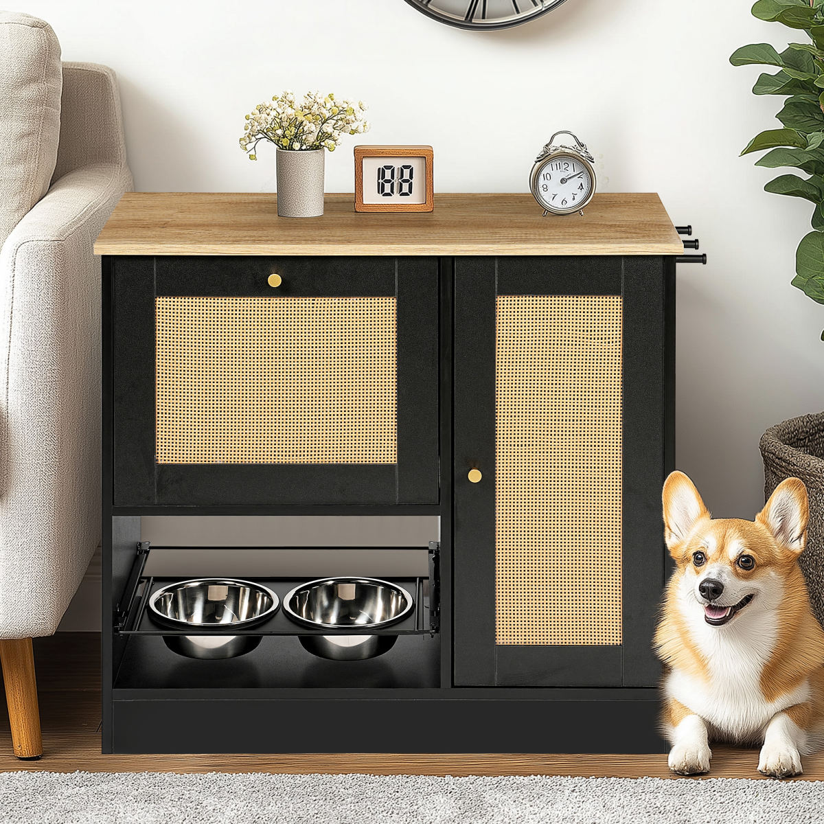 Feeding station with 2 lockers, pet feeding station with 2 elevated dog bowls, side hooks, anti-tipping kit, hidden pet feeding station for feeding and watering, rattan door, black