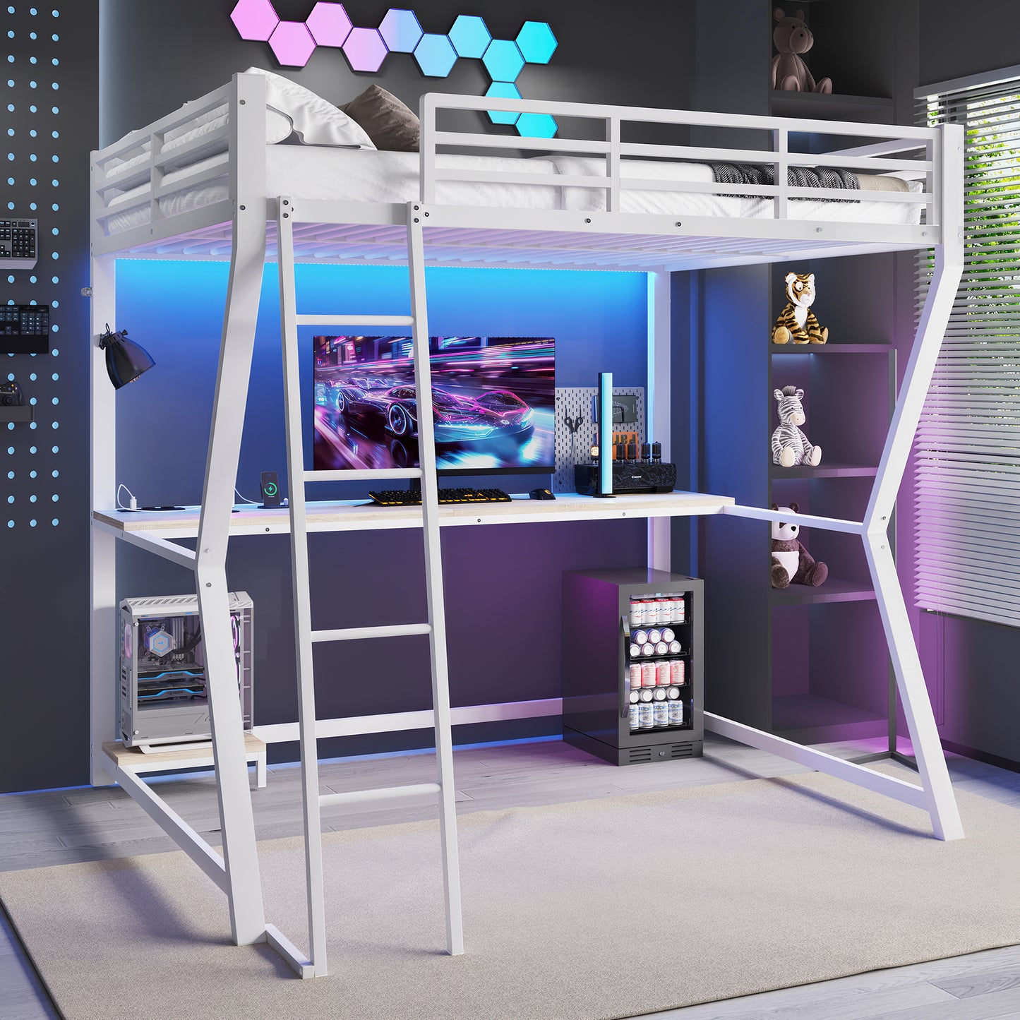 Loft Bed, 140x200cm, With LED Lights, Computer Console Shelf, Desk, Socket USB, Railing, Stairs, Without Mattress, White