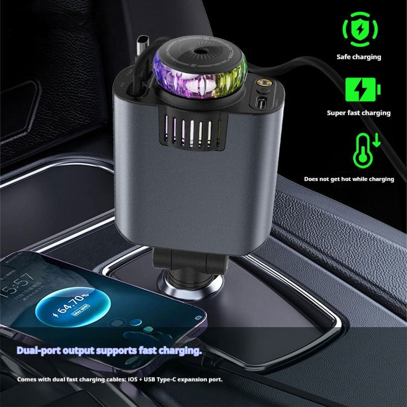 Car Charger PD Fast Charging Retractable Cable Quick Charge Cigarette Lighter