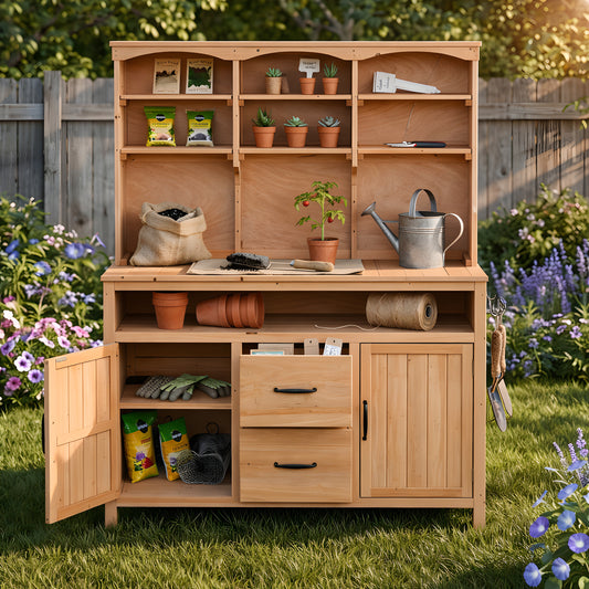 With Assembly Video TOPMAx Large Fir Wood Potting Bench 45.3 L Multi- Functional Outdoor Patio Kitchen Island With Hutch  Cabinets Drawers & Hooks  Large Countertop For Gardening  Grill  Natural Wood