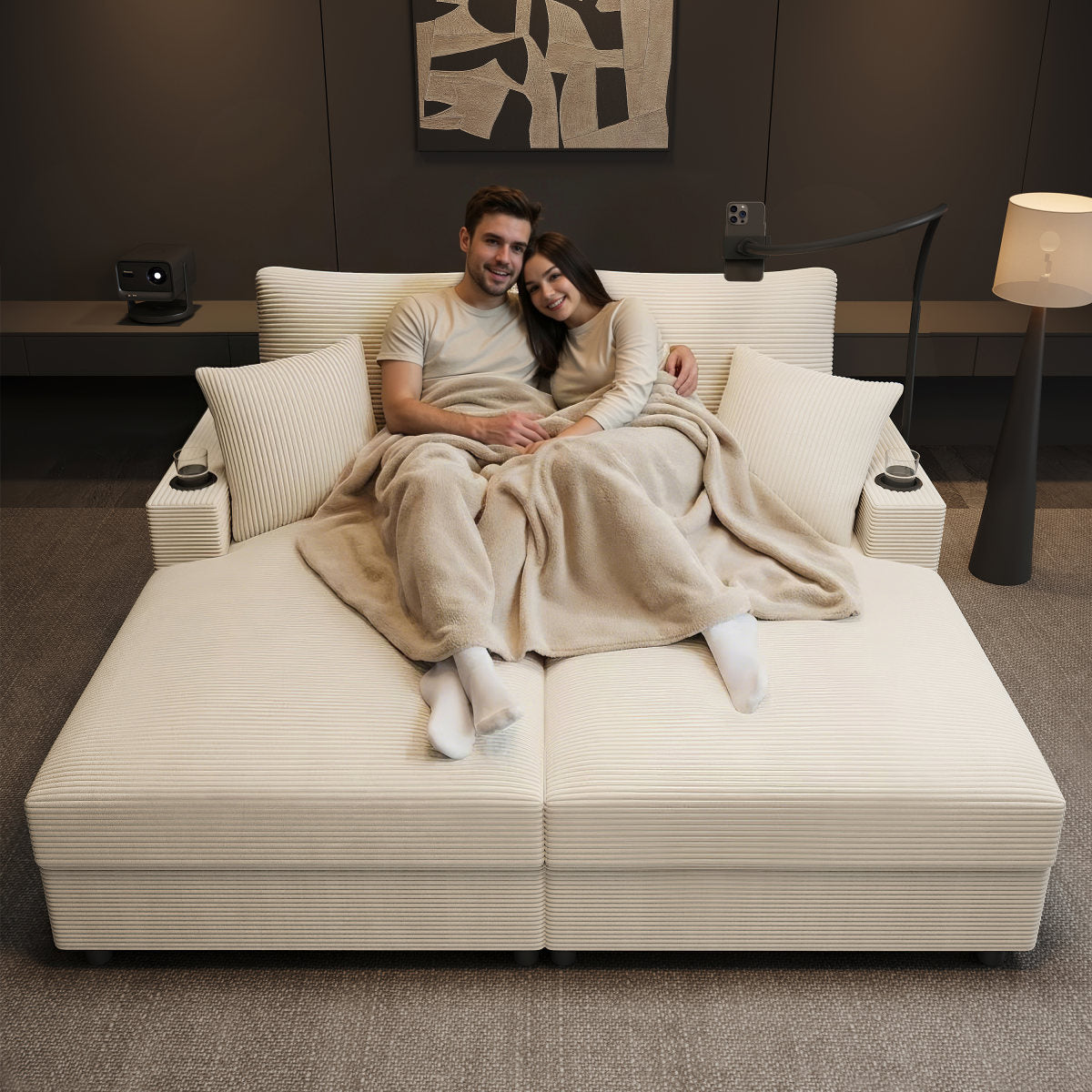 Double Sofa Bed With Sleeping Function, Padded Reclining Function, Mobile Phone Holder, USB Port And Cup Holder. Suitable For Living Room, Bedroom Or Home Theater. Beige