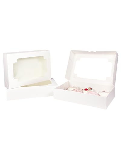 qiqee Auto-pop up 12x8x2.5 inch White Cookie Box with Window 15 Packs Two Uses One Second Folding Pastry Biscuit Bakery Bo...