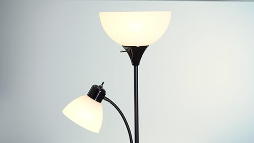 Globe Electric 67135 72" Torchiere Floor Lamp and Adjustable Reading Light, Matte Black, Frosted Shade, Dual Rotary Switc...