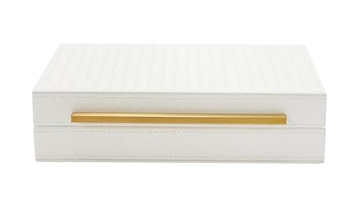 Kingflux White Wooden Keepsake Box With Faux Leather and Brushed Gold Handle, Gift and Storage Box for Vanity, Coffee Tabl...