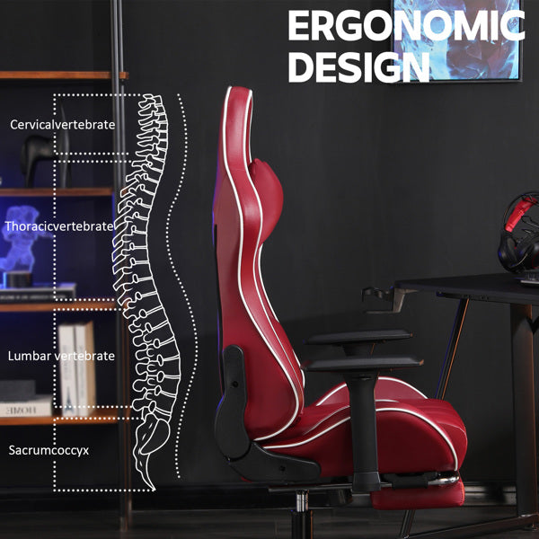 Computer Gaming Chairs For Adults, Ergonomic Computer Chair For Heavy People, Adjustable Lumbar Office Desk Chair With Footrest, 360degree-Swivel Seat PU Leather Gamer Chair, Red