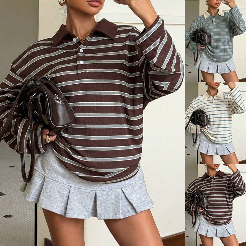 New FallWinter Womens Striped Casual Sweatshirt With Buttons And A Polo Neck