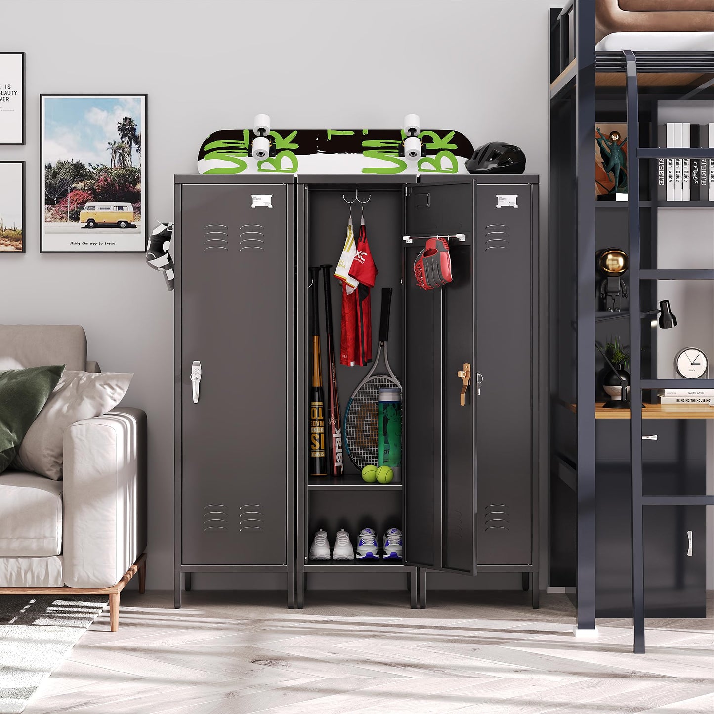 SUPEER 1 Door Metal Storage Lockers With Handle And Hanging Rod,Metal Locker For Employees With Pegboard And Hooks For Home,Office,Gym, School,Assembly Required,Black