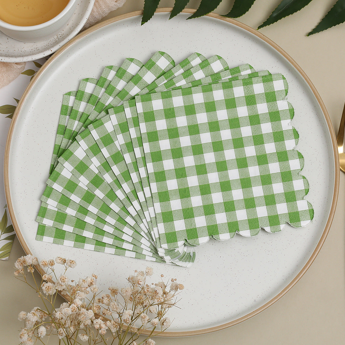 Cross Border Hot Selling Disposable Birthday Party Lace Green Checkered Napkin 25-25 Series Special-Shaped Napkin
