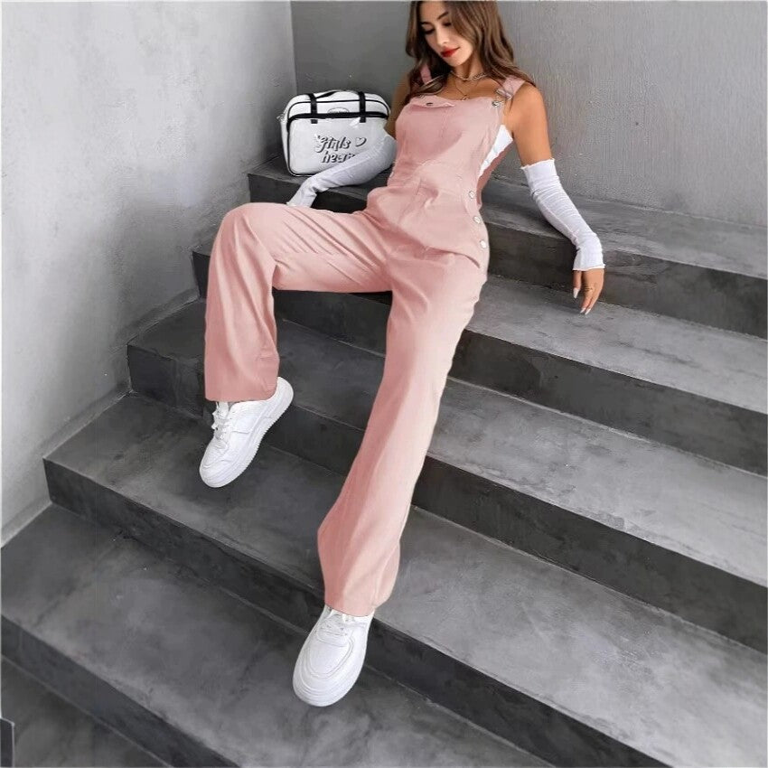 Womens Overalls Loose-fitting Straight-leg Casual Fashion Solid-color Trousers
