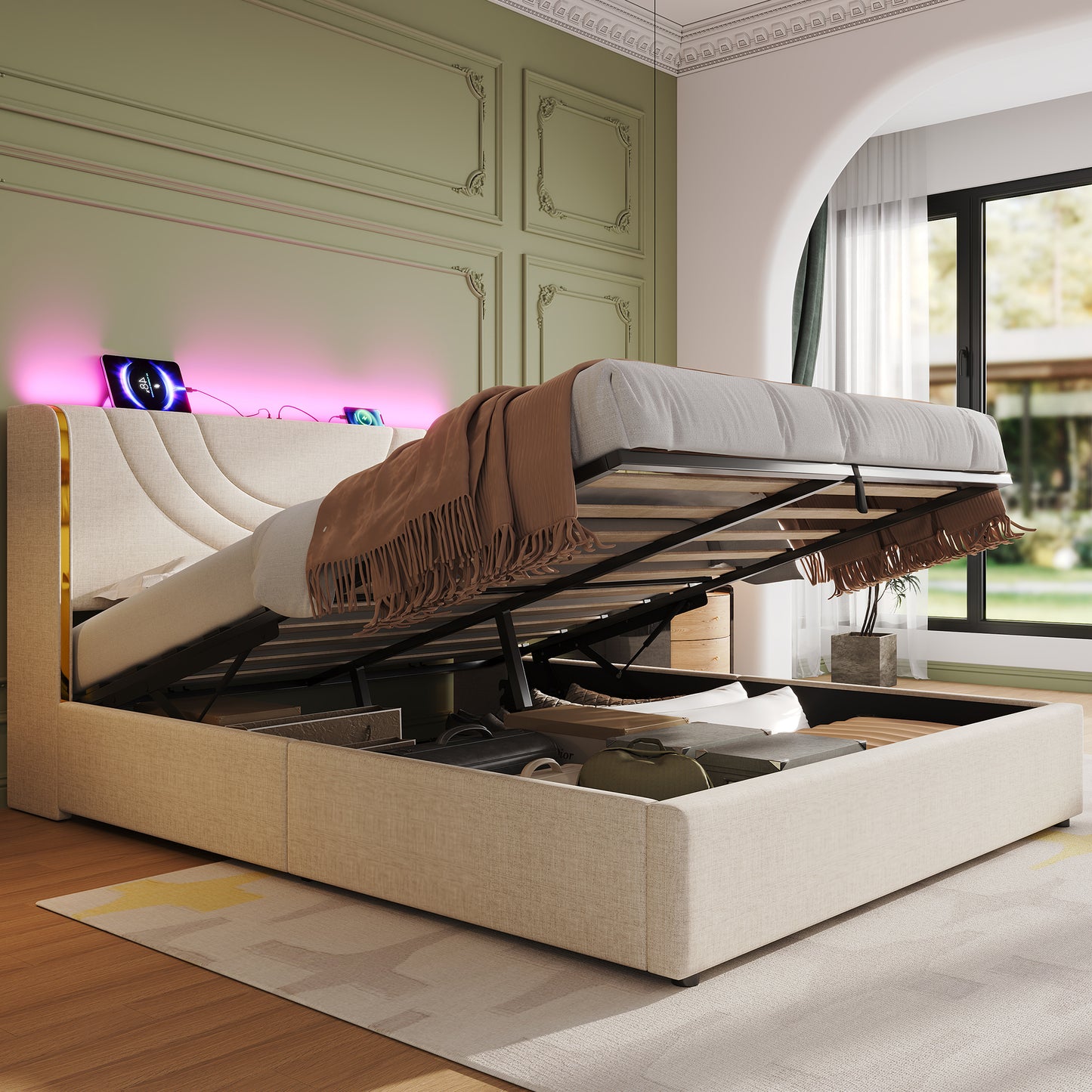 5ft King Upholstered Bed Frame With Hydraulic Storage, LED Headboard With Charging Station And Chrome Trim, USB And Type-C Ports, Linen, No Box Spring Needed, Beige  No Mattress
