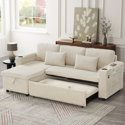 3 In 1 Convertible Corduroy Sofa Bed With Storage Chaise, L Shaped Sleeper Sofa Couches With Armrest Storage And Charging Station. Pullout Sectional Daybed For Living RoomBedroomOffice, Grey