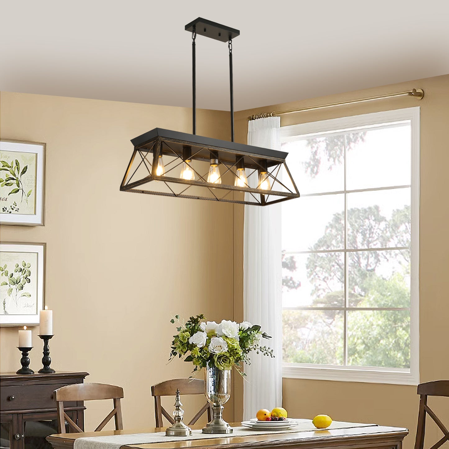 32in  Black Gold Industrial 5-Light Pendant Chandelier, Modern Metal Cage Design, Adjustable Hanging Light For Dining Room, Kitchen, Living Room  No Bulbs