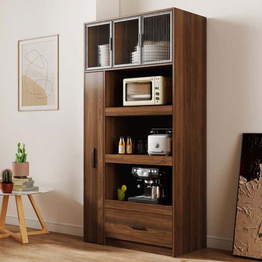 70.87 Tall Kitchen Pantry Cabinet With Multi-functional Pull-out Multi-tier Storage Shelf, 1 Drawers,with Aluminum Frame Glass Door,Freestanding Food Hutch With Microwave Stand For Dining Room