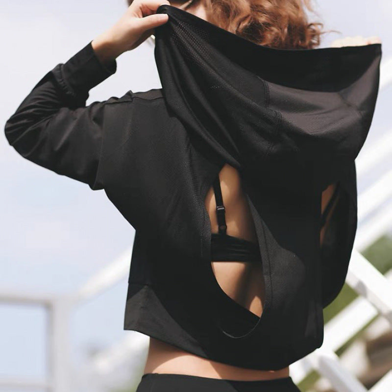 Hollow-out Beautiful Back Running Hoodie Quick-Drying Womens Fitness Top