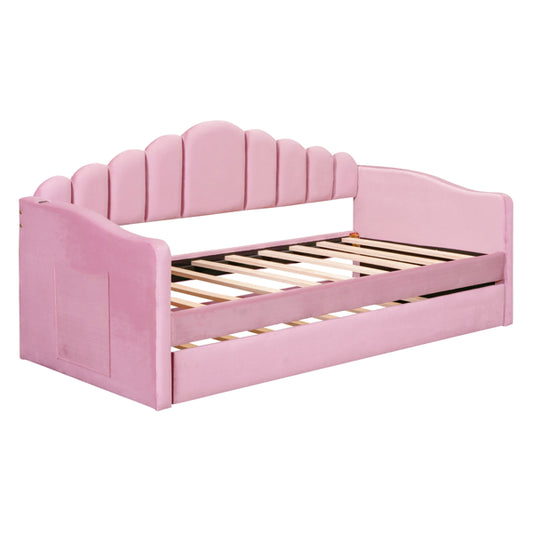 Twin Size Upholstered Daybed With Trundle ,Velvet Sofabed With USB Charging Ports,No Box-spring Needed,Pink Old SKU HL000067AAH