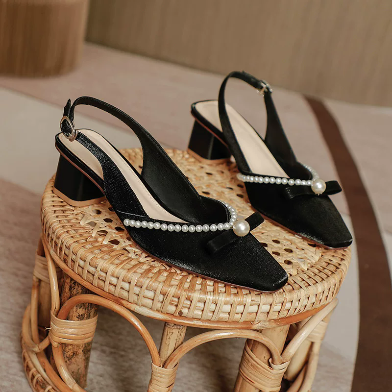 Women Vintage Gentle Lady Pearl Chain Mini Bow Satin Slingback Pumps Matching Casual Daily Wedding Tea Party Banquet Dress Heels