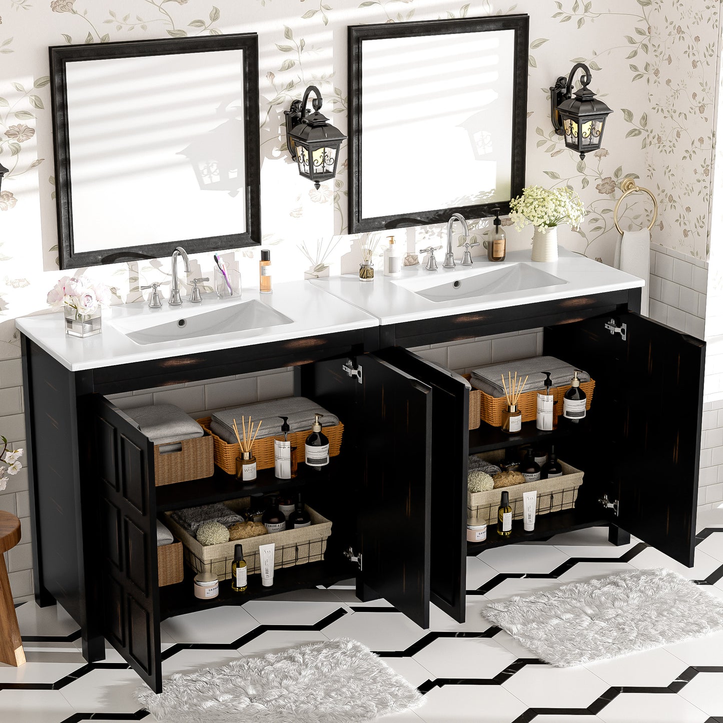 72  Bathroom Vanity Set With Double Vanities  Separate , Double Ceramic Sinks, Soft-Close Doors & Adjustable Shelf -Retro Espresso Storage Cabinet For Stylish Bathroom Organization