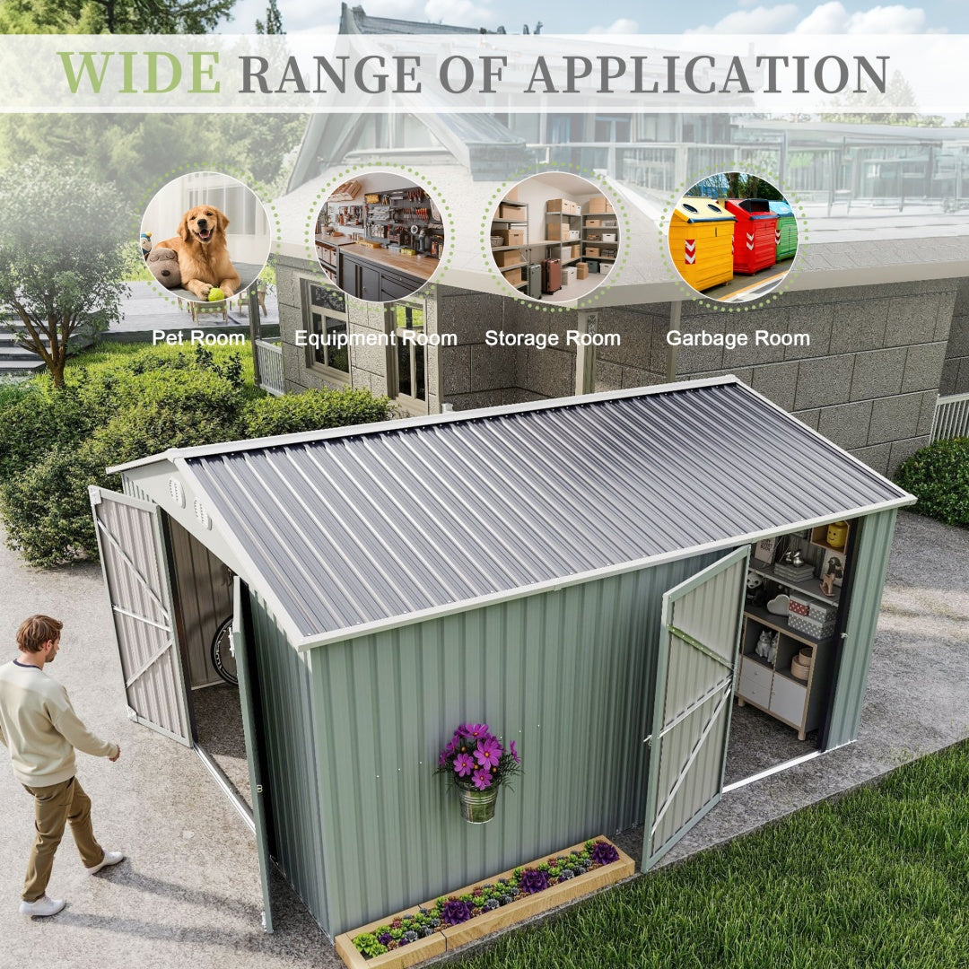 10x12 FT Outdoor Metal Storage Shed, Large Storage Sheds With Sturdy Frame Structure, Metal Garden Tool Shed With Lockable Door For Garden,Gift A Foldable Flower Pot Stand, Backyard, WHIT