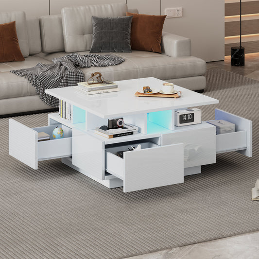 70X70X40cm Living Room Tea Table, High Gloss Coffee Table, Coffee Table With LED Light, Sofa Table With 4 Drawers, Side Table With Geometric Design, White, Total Load Capacity 30kg