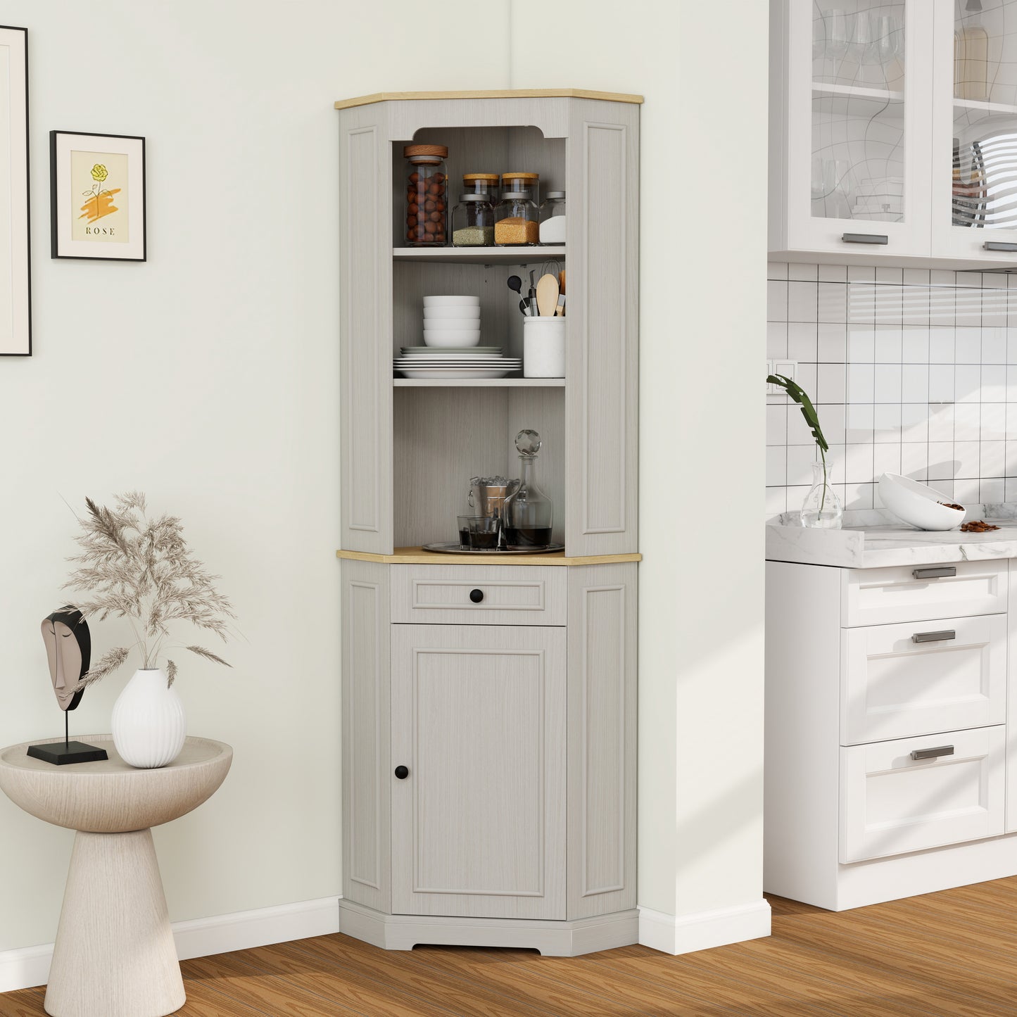 68  Tall Corner Cabinet, Freestanding Corner Storage Cabinet With 1 Door, 1 Drawer And A Adjustable Shelf, Farmhouse Bar Storage Cabinet For Living Room, Dining Room, Kitchen, Bathroom-Antique White