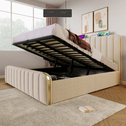 AB20025051B Upholstered Bed Double, Upholstered Headboard With Golden Decorative Stripes And USB Type-C Charging Function 180x200 Cm, Beige Linen Material Hydraulic Camp Bed  Without Mattress