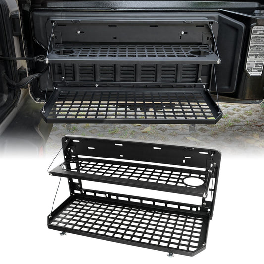 2-Tier Tailgate Table Rear Foldable Storage Cargo Rack Outdoor Camping Desk for 2007-2026 Jeep Wrangler JK&JL 4 Door (Not Fit JK Models with Stock Subwoofer)
