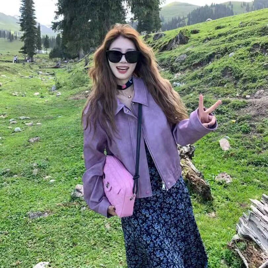 Small Korean Style Loose Purple Leather Coat