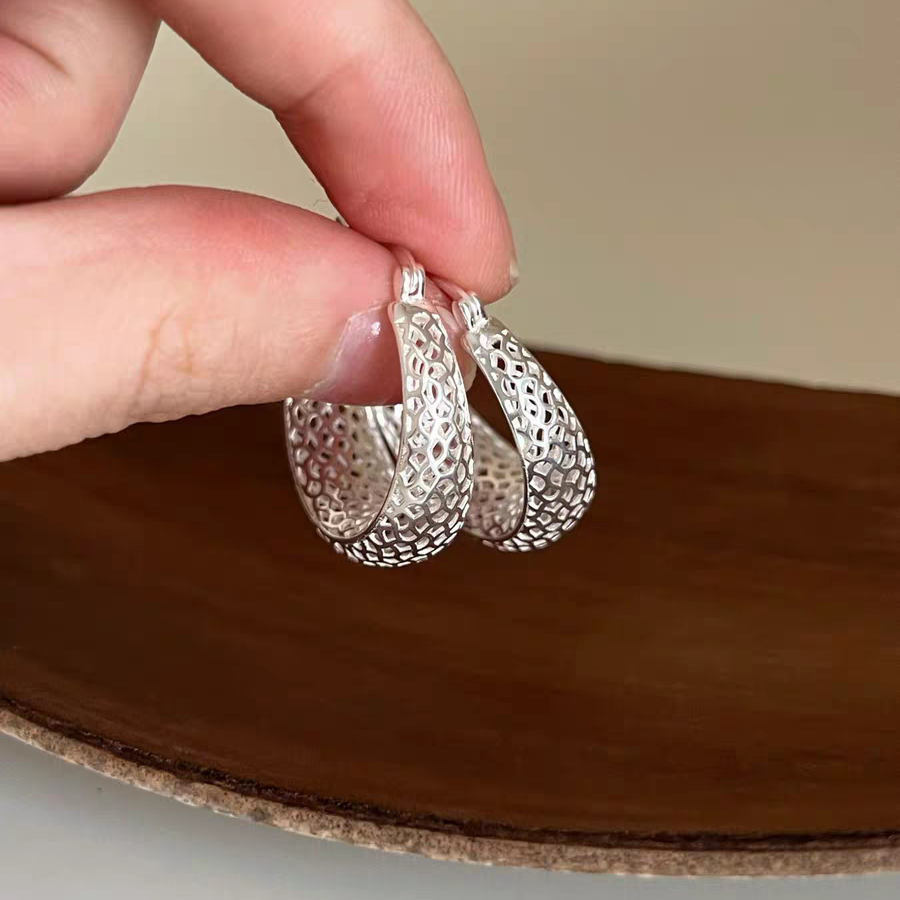 1 Pair 999 Sterling Silver Hammered Wide Hoop Earrings, Minimalist Style, Perfect For Daily Wear And Valentine's Gift